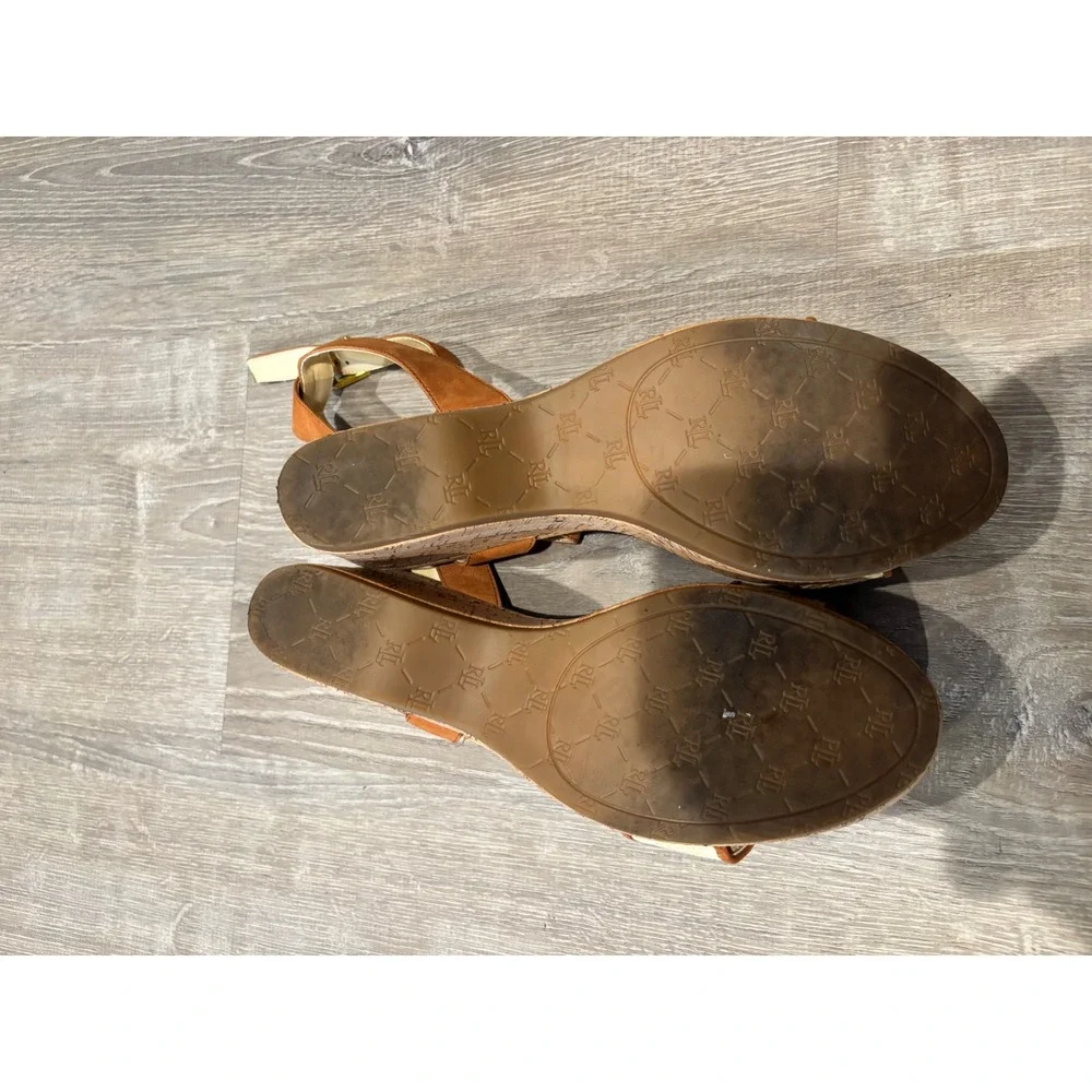 Lauren Ralph Lauren Wedges Cork Flower‎ Ankle Strap Heels Sandals Size 10
